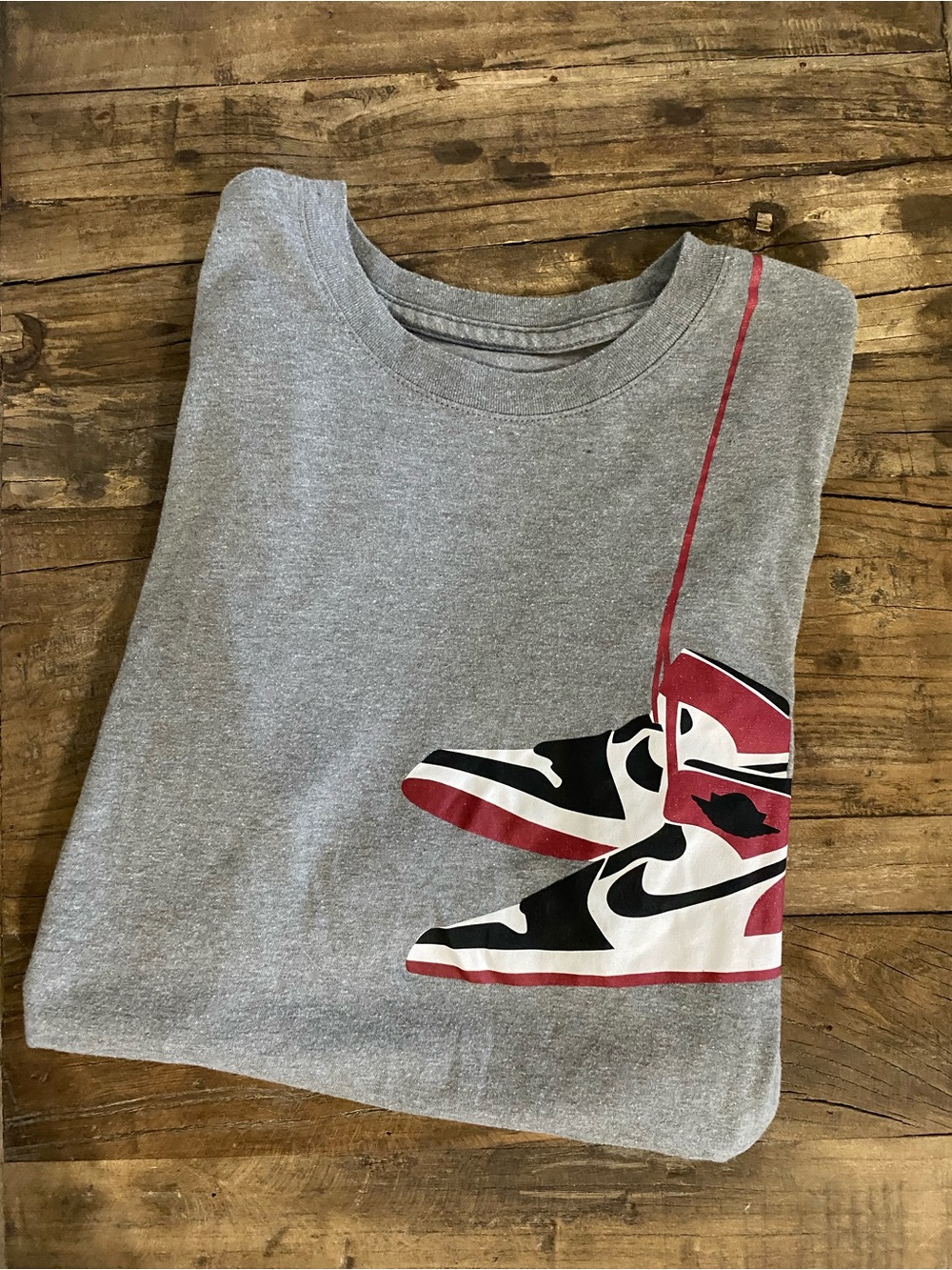 Jordan Men’s Gray Tee with Red & Black Nike Sneaker Print